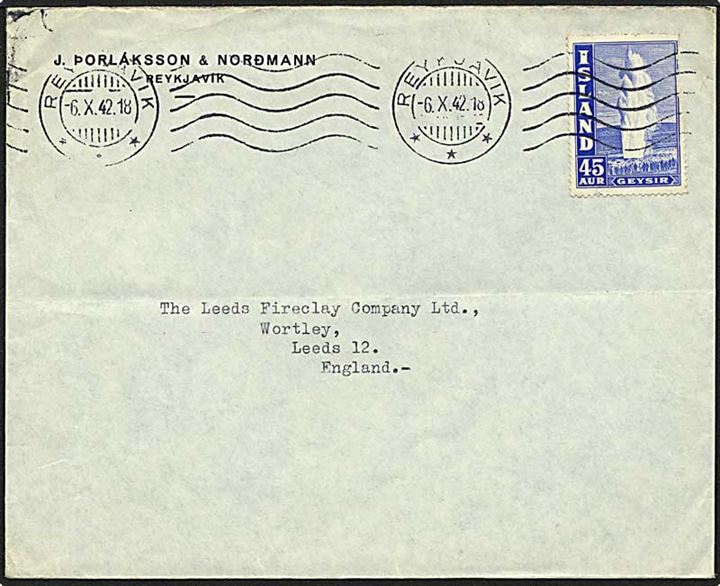 45 aur Geysir single på brev fra Reykjavik d. 6.10.1942 til Leeds, England. Uden tegn på censur.