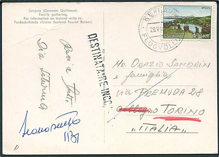 4 kr. Myvatn på brevkort fra Keflavik Flugvöllur 1967 til Torino, Italien. Retur som ubekendt.