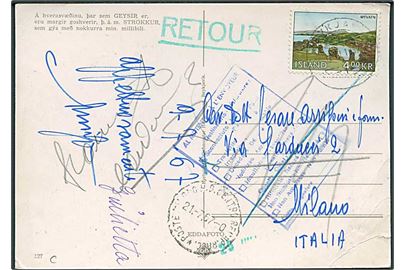 4 kr. Myvatn på brevkort fra Reykjavik 1967 til Milano, Italien. Retur som ubekendt.