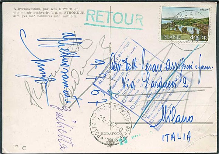 4 kr. Myvatn på brevkort fra Reykjavik 1967 til Milano, Italien. Retur som ubekendt.
