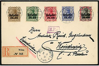 3 pfg., 5 pfg., 10 pfg. 20 pfg. og 40 pfg. Postgebiet Ob. Ost provisorium på anbefalet brev fra Wilna d. 2.5.1916 til Woischwitz, Tyskland. Censurstempel M.P.K. fra Königsberg.