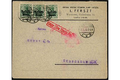 5 pfg. Russisch-Polen provisorium (3) på brev fra Warschau d. 25.1.1918 til Schmoelln, Tyskland. Rammestempel: Gepr. Übw. Stelle Posen
