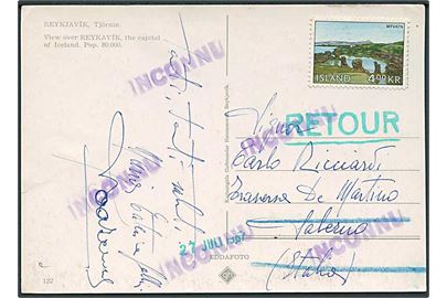 4 kr. Myvatn på brevkort fra Reykjavik til Salerno, Italien. Retur som ubekendt.