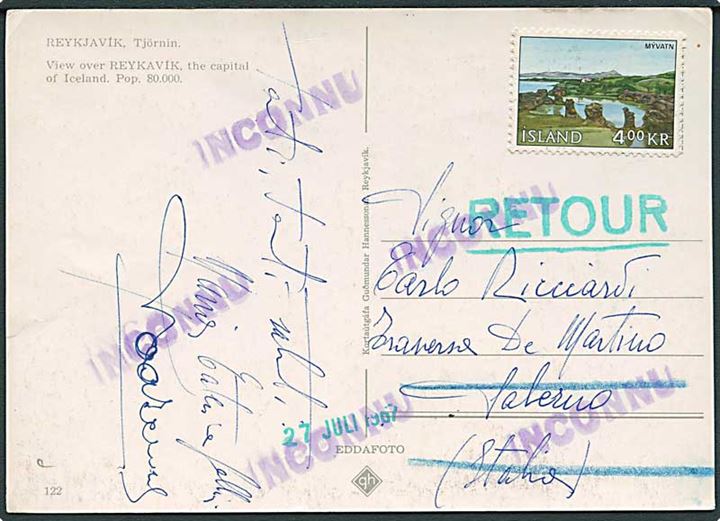 4 kr. Myvatn på brevkort fra Reykjavik til Salerno, Italien. Retur som ubekendt.