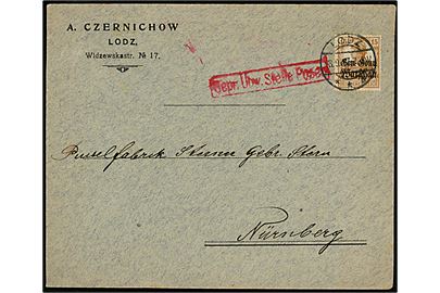 15 pfg. Gen.-Gouv. Warschau provisorium på brev fra Lodz d. 8.9.1917 til Nürnberg, Tyskland. Rammestempel: Gepr. Übw. Stelle Posen.
