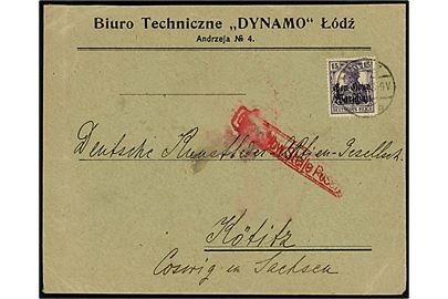 15 pfg. Gen.-Gouv. Warschau provisorium single på brev fra Lodz 1918 til Kötitz, Tyskland. Rødt censurstempel fra Posen.