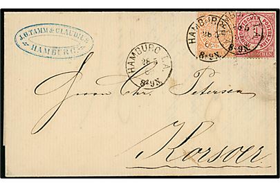 Norddeutscher Postbezirk ½ gr. og 1 gr. på brev fra Hamburg I.A. d. 28.5.1869 til Korsør, Danmark. Særtakst fra hertugdømmerne til Danmark.