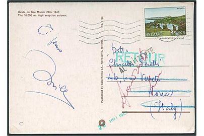 4 kr. Myvatn på brevkort (Vulkanen Hekla 1947) fra Reykjavik 1967 til Rom, Italien. Retur som ubekendt.