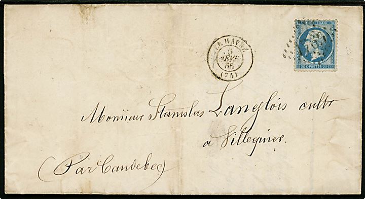 20 c. Napoleon III på brev annulleret med nr.stempel 1769 og sidestemplet Le Havre d. 6.2.1866 til Candebec. På bagsiden sjældent Bureaux de Passe nummerstempel 3219 (= Rouen).
