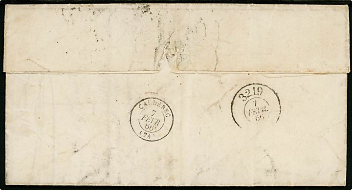 20 c. Napoleon III på brev annulleret med nr.stempel 1769 og sidestemplet Le Havre d. 6.2.1866 til Candebec. På bagsiden sjældent Bureaux de Passe nummerstempel 3219 (= Rouen).