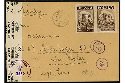 5 zl. Bedzin utakket i parstykke på brev fra Pabianice d. 27.2.1947 til Schönhagen, Tyskland. Åbnet af allieret efterkrigscensur i Tyskland.