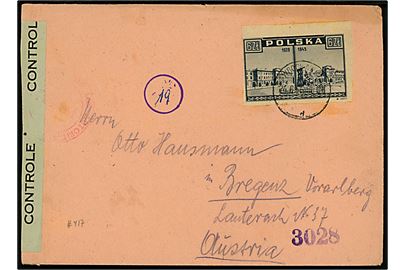 6 zl. Warszawa krigsskader utakket på brev fra Wrocław d. 24.6.1947 til Bregenz, Voralberg, Østrig. Åbnet af fransk efterkrigscensur i Østrig. 