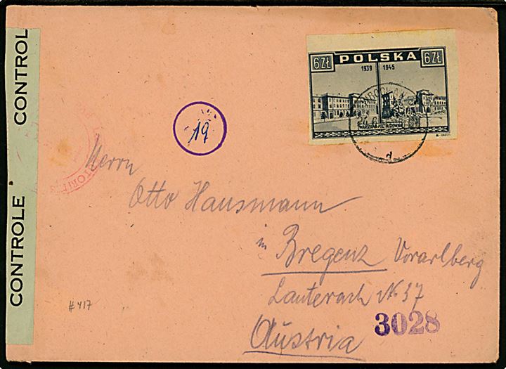 6 zl. Warszawa krigsskader utakket på brev fra Wrocław d. 24.6.1947 til Bregenz, Voralberg, Østrig. Åbnet af fransk efterkrigscensur i Østrig. 