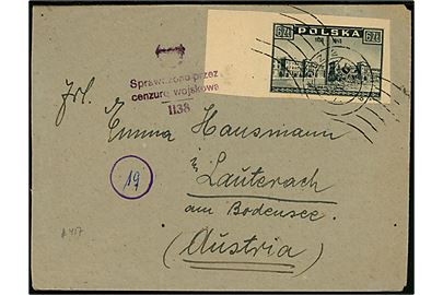 6 zl. Warszawa krigsskader utakket på brev fra Lodz d. 18.1.1946 til Lauterach am Bodensee, Østrig. Polsk censur no. 1138.