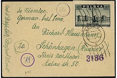 6 zl. Warszawa krigsskader utakket på brev fra Lods d. 22.8.1946 til Schönhagen, Tyskland. Polsk censurstempel 3136.