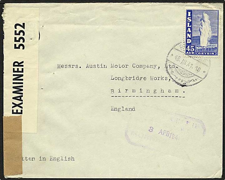 45 aur Geysir single på brev fra Reykjavik d. 18.3.1941 til Birmingham, England. Åbnet af britisk censur PC90/5552.