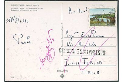 4 kr. Myvatn på brevkort fra Reykjavik 1967 til Torino, Italien. Retur som ubekendt med flere stempler.