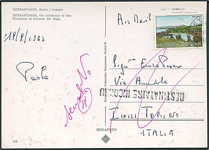 4 kr. Myvatn på brevkort fra Reykjavik 1967 til Torino, Italien. Retur som ubekendt med flere stempler.