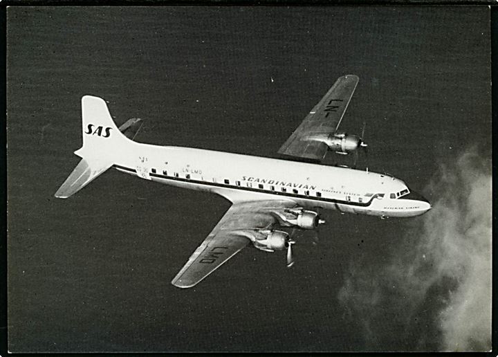 Douglas DC-6 LN-LMO Hjalmar Viking fra SAS. Reklamekort u/no.