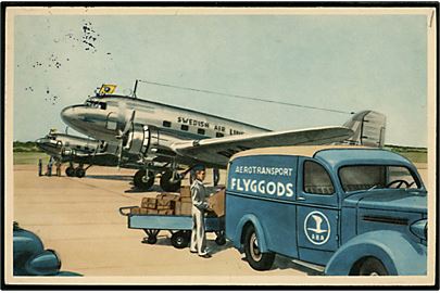 Douglas DC-3 fra ABA samt Aerotransport Flyggods vogn. Reklamekort u/no. 