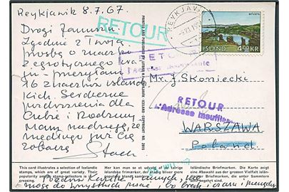 4 kr. Myvatn på brevkort fra Reykjavik d. 9.8.1967 til Warszawa, Polen. Retur med utilstrækkelig adresse.