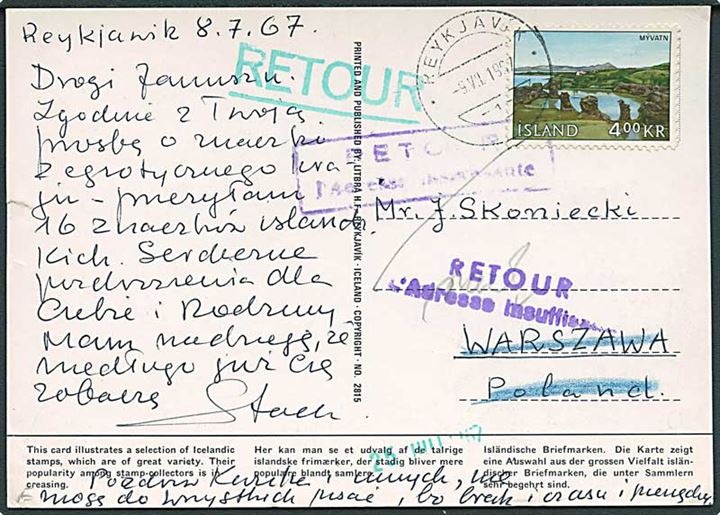 4 kr. Myvatn på brevkort fra Reykjavik d. 9.8.1967 til Warszawa, Polen. Retur med utilstrækkelig adresse.