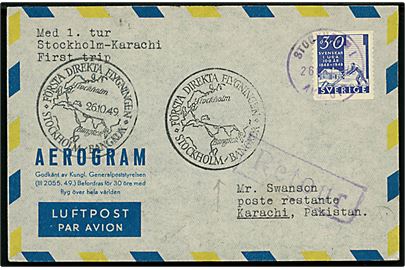30 öre Svenskar i USA aerogram sendt med første flyvning Stockholm - Bangkok fra Stockholm d. 26.10.1949 til poste restante i Karrachi, Pakistan.