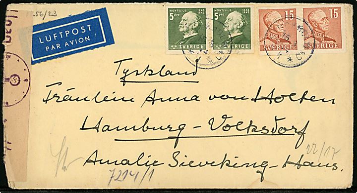 5 öre Montelius (par) og 15 øre Gustaf (par) på luftpostbrev fra Stockholm d. 15.8.1944 til Hamburg, Tyskland. Åbnet af tysk censur i Berlin.