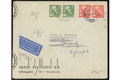 5 øre (par) og 20 øre (par) Gustaf på luftpostbrev fra Stockholm d. 19.5.194? til Berlin, Tyskland. Åbnet af tysk censur i Berlin.