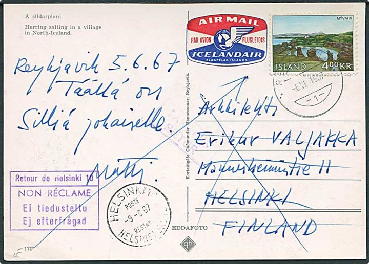 4 kr. Myvatn på brevkort (Silderensning i islandsk landsby) fra Reykjavik d. 6.6.1967 til Helsinki, Finland. Retur som ikke afhentet.