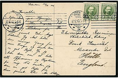 5 øre Fr. VIII (2) og Julemærke 1910 på brevkort fra Kjøbenhavn d. 12.12.1910 til elevinspektør ombord på skoleskibet Viking i Hull, England.