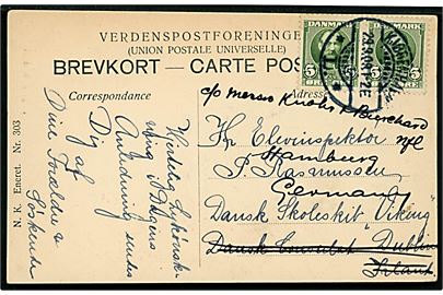 5 øre Fr. VIII i parstykke på brevkort fra Kjøbenhavn d. 29.9.1909 til elevinspektør ombord på skoleskibet Viking c/o danske konsulat i Dublin, Irland - eftersendt til Hamburg, Tyskland.