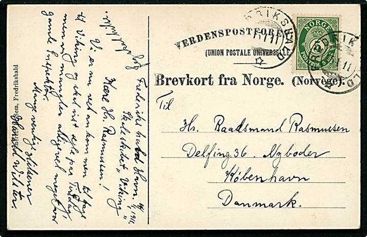 5 øre Posthorn på brevkort (Sponvigen) skrevet ombord på skoleskibet Viking og stemplet Frederikshald d. 15.1.1911 til København, Danmark.