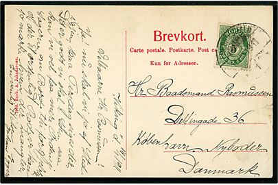 5 øre Posthorn på brevkort (Frederikshald, indsejlingen) skrevet ombord på skoleskibet Viking og stemplet Frederikshald d. 15.1.1911 til København, Danmark.