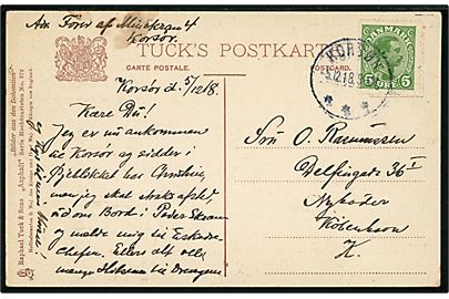 5 øre Chr. X på brevkort fra fører af Minekran 4 i Korsør d. 5.12.1918 til København. Skal iflg. meddelelse melde sig hos eskadrechefen ombord på Peder Skram. Fold.