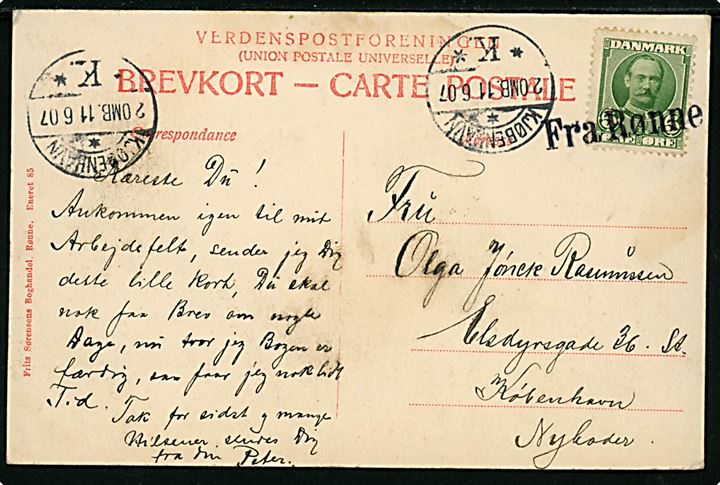 5 øre Fr. VIII på brevkort (Hammershus) annulleret med skibsstempel Fra Rønne og sidestemplet Kjøbenhavn d. 11.6.1907 til København.