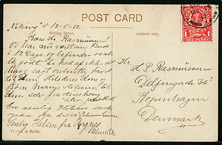 1d George V på brevkort fra Cardif dateret ombord på skoleskibet Viking d. 12.5.1912 og annulleret Bute Docks Cardiff d. 13.5.1912 til København, Danmark.