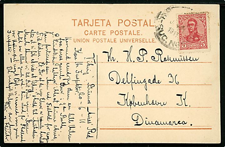 5 c. på brevkort (Argentinske dragter) fra elev ombord på skoleskibet Viking i Buenos Aires d. 20.6.1911 til København, Danmark.
