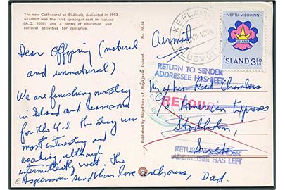 3,50 kr. Spejder udg. på brevkort fra Keflavik Flugvöllur d. 15.7.1964 til c/o American Express i Stoxkholm, Sverige. Retur da modtager er afrejst.