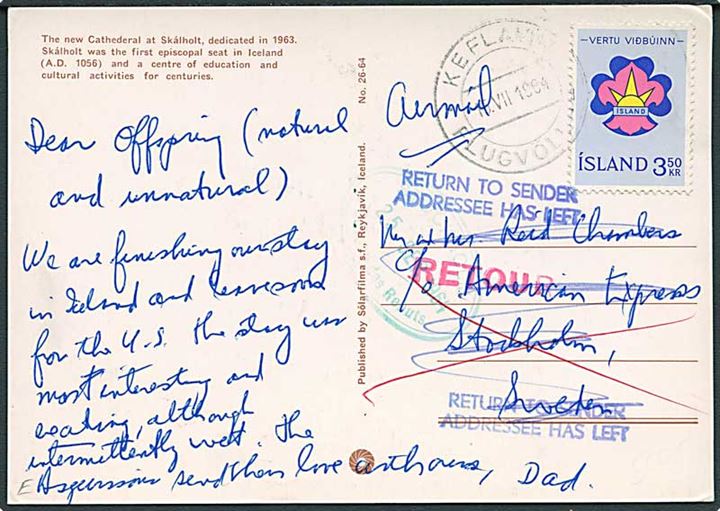 3,50 kr. Spejder udg. på brevkort fra Keflavik Flugvöllur d. 15.7.1964 til c/o American Express i Stoxkholm, Sverige. Retur da modtager er afrejst.