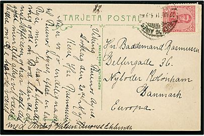 5 c. på brevkort (havneparti med dampskibe) fra elev ombord på skoleskibet Viking i Buenos Aires d. 22.6.1911 til København, Danmark.