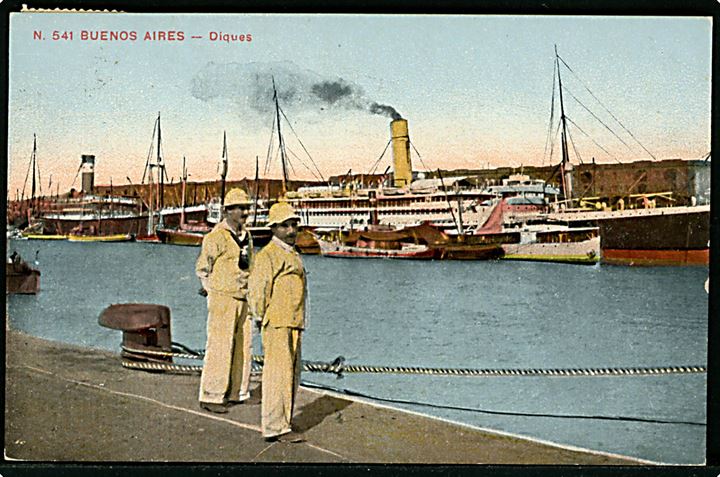 5 c. på brevkort (havneparti med dampskibe) fra elev ombord på skoleskibet Viking i Buenos Aires d. 22.6.1911 til København, Danmark.