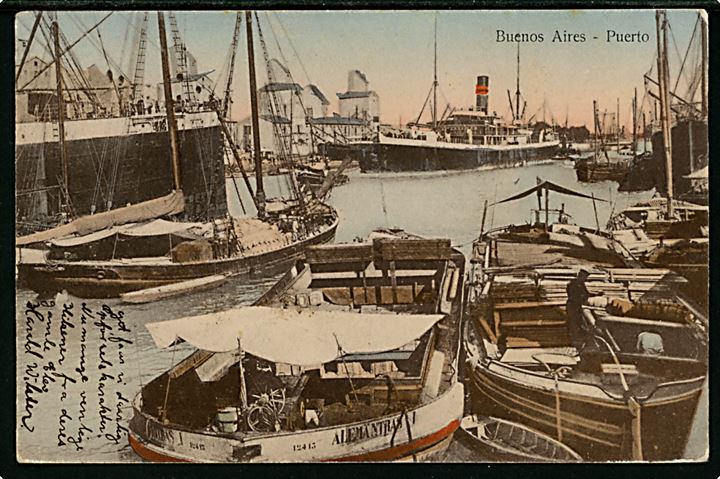 5 c. på brevkort (Buenos Aires havn) fra elev ombord på skoleskibet Viking i Buenos Aires d. 11.5.1911 til København, Danmark.