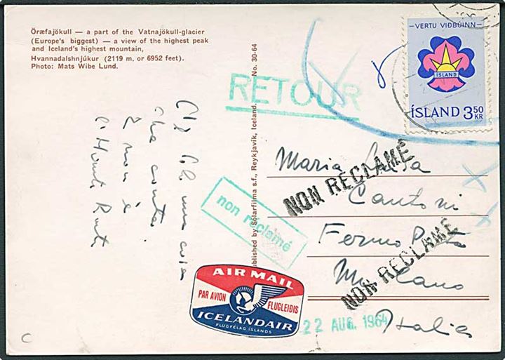 3,50 kr. Spejder udg. på brevkort fra Reykjavik 1964 til Milano, Italien. Retur som ikke afhentet.