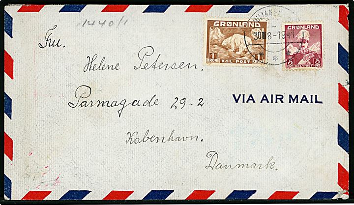 5 øre Chr. X og 1 kr. Isbjørn på 105 øre frankeret luftpostbrev stemplet Julianehaab d. 30.8.1941 til København, Danmark. Åbnet af tysk censur i Berlin.