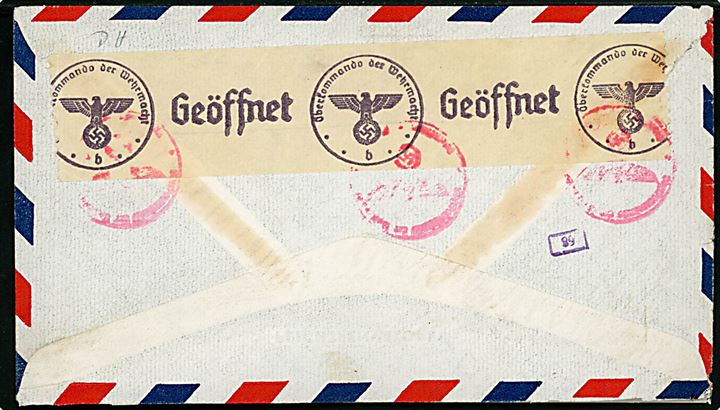 5 øre Chr. X og 1 kr. Isbjørn på 105 øre frankeret luftpostbrev stemplet Julianehaab d. 30.8.1941 til København, Danmark. Åbnet af tysk censur i Berlin.