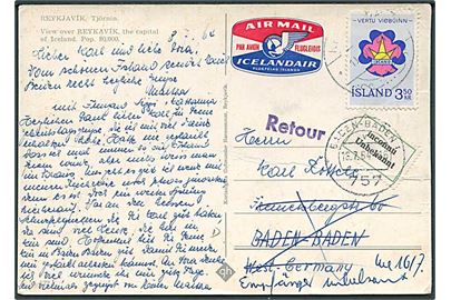 3,50 kr. Spejder udg. på brevkort fra Reykjavik 1964 til Baden-Baden, Tyskland. Retur som ubekendt.