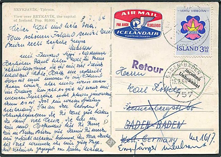 3,50 kr. Spejder udg. på brevkort fra Reykjavik 1964 til Baden-Baden, Tyskland. Retur som ubekendt.