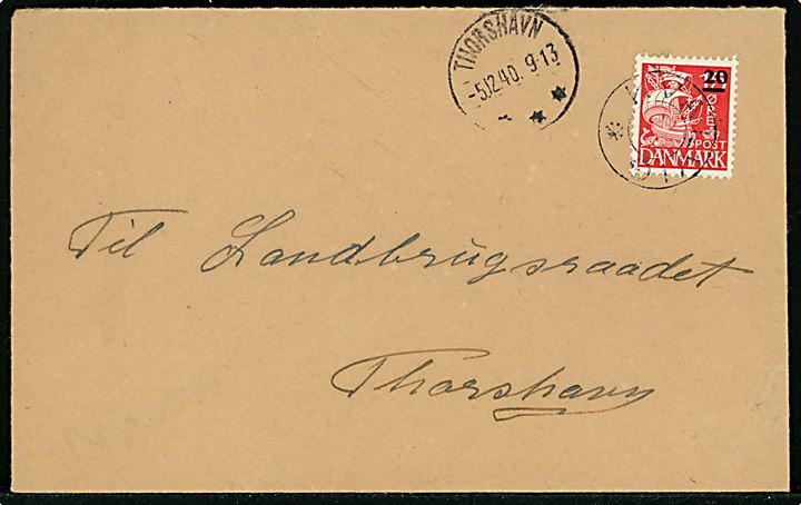 20/15 øre Provisorium på brev annulleret med udslebet stjernestempel KVALVIG og sidestemplet Thorshavn d. 5.12.1940 til Thorshavn.