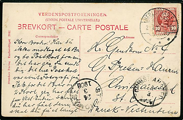 10 øre Fr. VIII på brevkort fra Herlufmagle d. 2?.2.1908 til gendarm i Christiansted, St. Croix, Dansk Vestindien. 